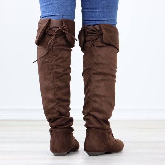 Fold Over Brown Thigh High Over The Knee Flat No Heel Boots Faux Suede Pointed - Picture 7 of 14